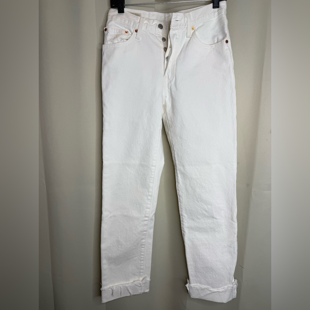 Levi's 501 Cream Denim Jeans with Brown Leather Patch